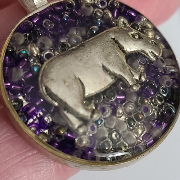 925 Sterling Hippo Necklace Resin Beads Charm 925 Chain 20" Purple - Picture 6 of 11
